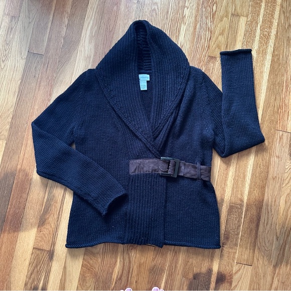 Soft Surroundings Women's Small Black Cardigan Shawl Collar Belted Wool-Blend - Picture 1 of 15